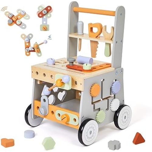 labebe Wooden Baby Walker, Baby Push Walker, Tool Toy for Toddlers, Adjustable Speed Baby Walker with Wheel, Learning Activity Walker for Girls Boys