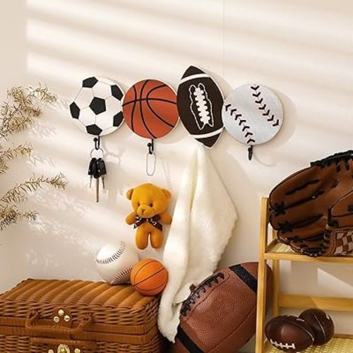 Marsui Sports Coat Rack with 4 Hooks Baseball Football Soccer Basketball Wall Hooks Storage Metal Hanger Wall Mounted Sports Decor for Home Entryway Key Towel Bags Cup Hat(Classic Color,Wood)