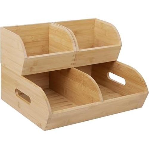 Potato and Onion Storage Bin for Pantry and Kitchen Counter - Ventilated Stackable Bamboo Organizer Baskets with Handles
