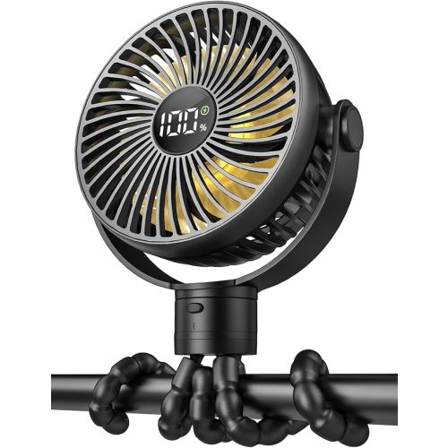Portable Stroller Fan, 4000mAh Rechargeable Clip on Baby Fan 25H Battery Life, Head Detachable 360° Rotate Mini Fans, 4 Speed Personal Fans with Night Light for Car Seat Crib Bike Treadmill, Black