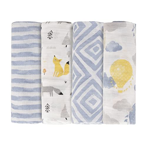 Featherhead™ 100% Cotton Muslin Swaddle Blankets for Baby Boy - Large 47”x 47” - Pre-Washed, Soft, & Breathable - Newborn Essential & Perfect Baby Registry Gift (4 Pack - Blue Foxes)