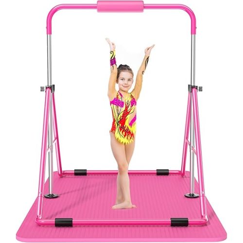 Safly Fun Gymnastics Bar for Kids 3-9, Foldable & Adjustable 35"-51", Supports 140Lbs with Pad, Easy to Assemble, Gymnastics Equipment for Indoor/Outdoor Training