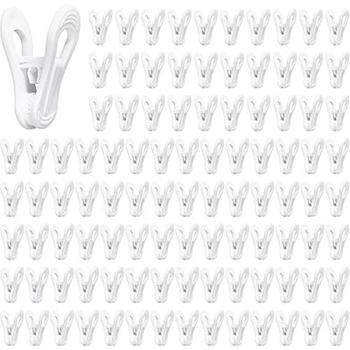 100 Pack White Hanger Clips Multi-Purpose Baby Hanger Clip, Plastic Clothing Clips for Socks, Hats, Food Chip Bags and Notes
