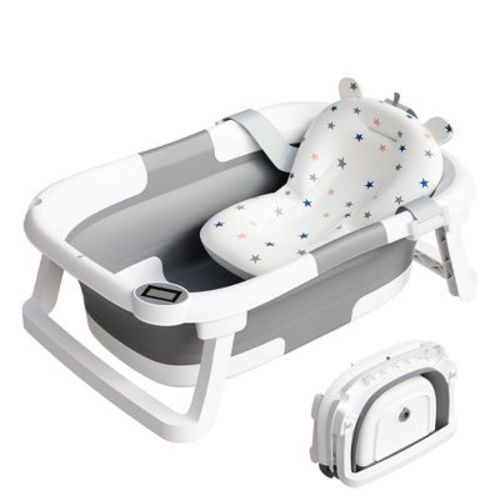TUMAJUP Collapsible Baby Bathtub for Infants and Toddlers with Soft Cushion and Thermometer, Gray