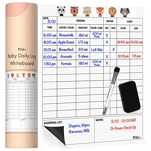 Mewl Baby Daily Log Whiteboard - Reusable Baby Tracker to Log Feeding, Diapers & Sleep - Newborn Baby Journal & Schedule Chart for New Parents, Nanny, Babysitter - Pregnancy & New Mom Gift