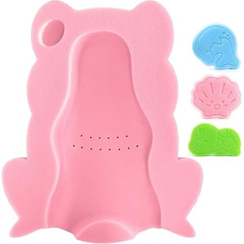 Baby Bath Sponge, Infant Comfy Soft Bath Sponges Mat, Natural Cute Shapes Skid-Proof Bathing Cushion for Toddler & Newborn, 4pcs Shape Style: Blue Dolphin, Pink Shell, Green Turtle and Big Pink Frog