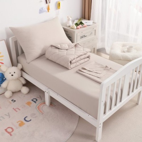 4 Piece Toddler Bedding Set, Soft Crib Bedding Set, Includes Quilted Comforter, Fitted Sheet, Flat Sheet and Pillowcase, Khaki - NTBAY