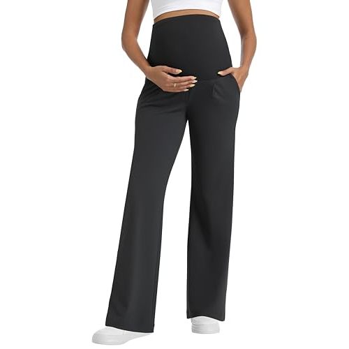 Foucome Maternity Pants for Work Wide Leg Stretchy Dress Pants Pregnancy Business Casual Trousers with Pockets