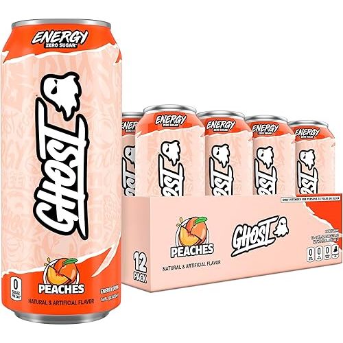 GHOST Energy Drink - 12-Pack, Peaches, 16oz - Energy & Focus & No Artificial Colors - 200mg of Natural Caffeine, L-Carnitine & Taurine - Gluten-Free & Vegan