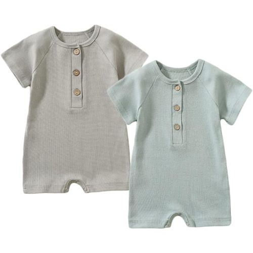 Baby Boys 2/3 Pack Romper Jumpsuits Short Sleeve One Piece Clothes Sets | Soft cotton, Breathable,Round Neck with Wooden Buttons,Solid Color Romper,Snaps Design Jumpsuit,Short Sleeve Romper for 3-24M