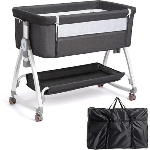 JOYMOR 3 in 1 Baby Bassinet, Bedside Bassinet for Baby, with Comfy Mattress and Wheels, 6 Height Adjustable Easy Folding Portable Bedside Crib for Newborn (Black)