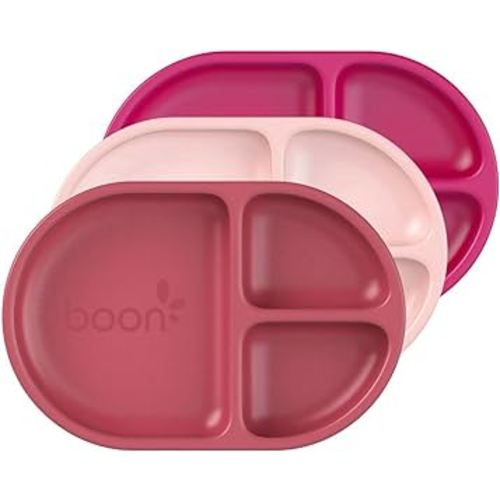 Boon CHOW Silicone Plate Set - 3 Unbreakable Divided Toddler Plates - Baby Plates for 6 Months and Up - Baby Led Weaning Supplies - Pink Multicolor