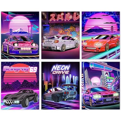 Japanese Car Wall Art Prints, Japan Sports Car Racing Art Posters, Street Car Canvas Art Painting for Living Room Boys Room Wall Decor, Set of 6 - (8"x10" Unframed)