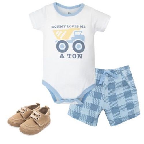 Hudson Baby Boy Cotton Bodysuit, Shorts and Shoe Set, Love Me A Ton, 6-9 Months