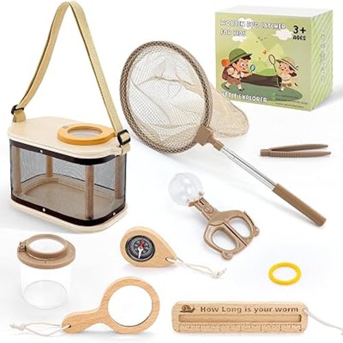 Wooden Bug Catcher Kit for Kids, Outdoor Explorer Nature Discovery Set with Butterfly Net, Bug Habitat & Magnifying Glass, Backyard Camping Outdoor Toys, Ages 3–12, Also Suitable for Toddlers