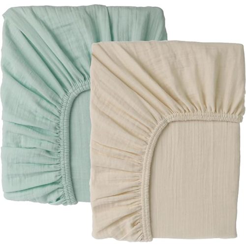 Muslin Crib Sheets- Organic Turkish Cotton, Ultra Soft & Breathable -Fitted Crib Sheets for Boys & Girls, GOTS & Oeko-TEX® Certified, 52x28, Vanilla Ice Cream&Minty Green