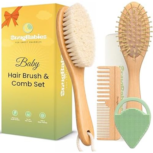 Baby Hair Brush & Comb Set for Newborns - Gentle Goat-Hair & Bamboo Bristle Hairbrushes with Easy Grip Wooden Handles - 5-Pack Baby Brush Set with a Cotton Travel Pouch - Gifts for Boys & Girls