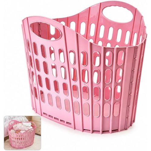 Collapsible Laundry Basket, Foldable Plastic Hamper (Pink, Small) | Vented plastic hamper folds flat with carry handles for bedroom, bathroom, closet, dorm or laundry room storage