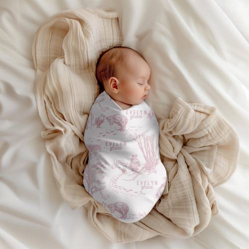 Pink Toile Classic Winnie the Pooh Bear Baby Girl Personalized Swaddle, Keepsake Baby Gift, Preppy Grandmillenial Blanket