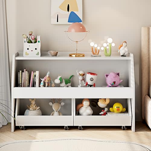 COZPAW Toy Storage Organizer, 2 Tier Montessori Shelf with Movable Bins, Toy Organizers Book Shelf for Kids Room, Playroom, Nursery (White)