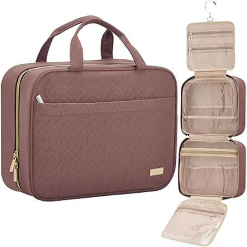 NISHEL Travel Toiletry Bag for women, Portable Hanging Organizer for Full-Sized Shampoo, Conditioner, Brushes Set, Makeup Accessories, Large Size, Rosewood-Pink