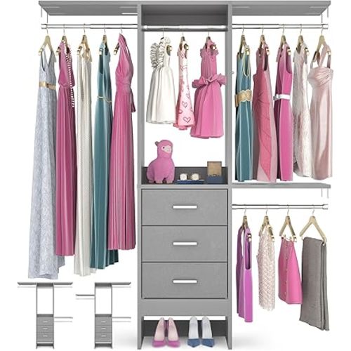 4FT Small Closet System with 3 Fabric Drawers, 48'' Closet Organizer System With 3 Adjustable Shelves, Flexible Built-In Clothes Garment Rack for Small Space, 48" L x 13" W x 71" H, Grey