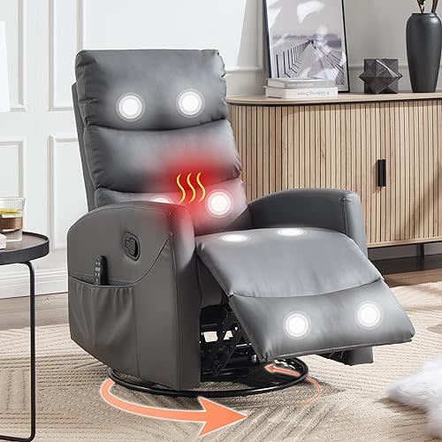 Luxlen Manual Swivel Rocker Recliner Chair with Massage, Overstuffed Recliner Glider with Vibration Massage and Heat for Nursery, Living Room Reclining Sofa Chair, PU Leather Gray