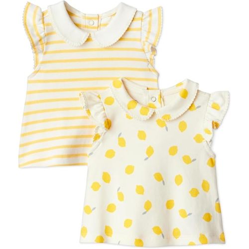 Amazon Essentials x Sofia Grainge Toddlers and Baby Girls' Cotton Short Sleeve Blouses with Ruffles, Pack of 2