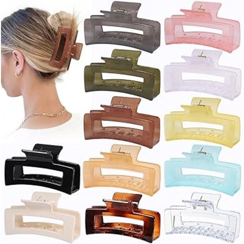 12 Pack Medium Square Claw Hair Clips, 3.5 x 2 x 1.1 inch, Shiny, 12 Colors, Hair Accessories for Women and Girls, Rectangular Rectangle Jaw Clips for Thick and Thin Hair Securing, 12 Pieces