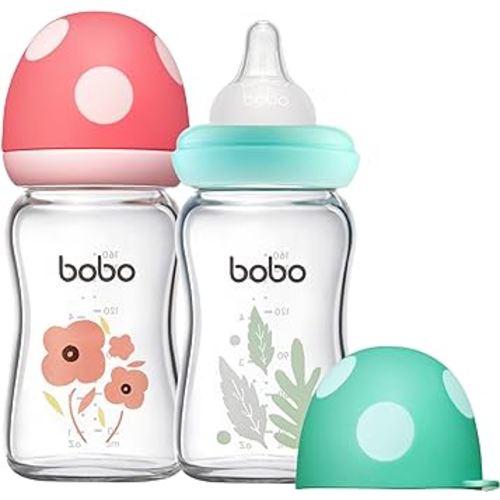 Natural Glass Baby Bottle with Natural Response Nipple, Newborn Anti-Colic Baby Bottles, Wide Neck Mushroom Cap Baby Bottle, Clear ((5.4oz (Pack of 2), Multicolour)