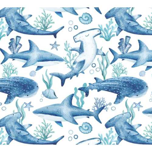 Watercolor Shark  Pattern Style Print,100% Pure Cotton Fabric,Buy By Half Yard,Width is fixed at 57 inches