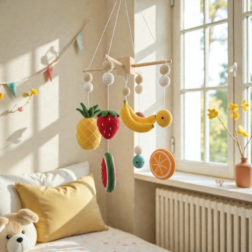 Handmade Fruit Crochet Mobile, Colorful Hanging Decor, Soft Yarn Nursery Style Decor, Gift for Little Love