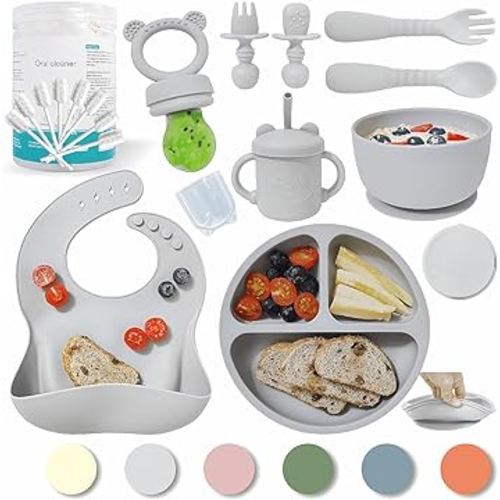 Baby Led Weaning Supplies | Silicone Baby Feeding Set Includes Suction Bowls and Plates, Baby Utensils Spoons and Forks,Cup for Toddler | Babies Eating Dishes Set 6-12 Months （Grey）