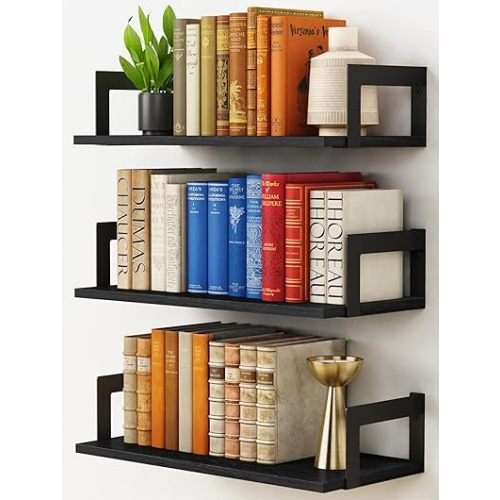 Wall Mounted Bookshelf, Floating Bookshelves for Bedroom, 17 Inches Long Wall Mount Book Shelves for Living Room Office Books, Black Wall Book Holder Bookcase (Set of 3)