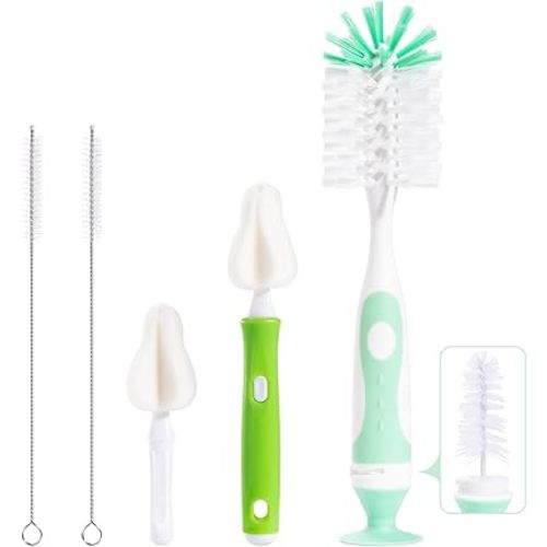 Baby Bottle Brush with One Base Hidden Nylon Nipple Cleaner, Stand Suction Cup,2 Pack Straw Brushes,1 Pack Sponge Nipple,1 Piece Replacement Head, Green