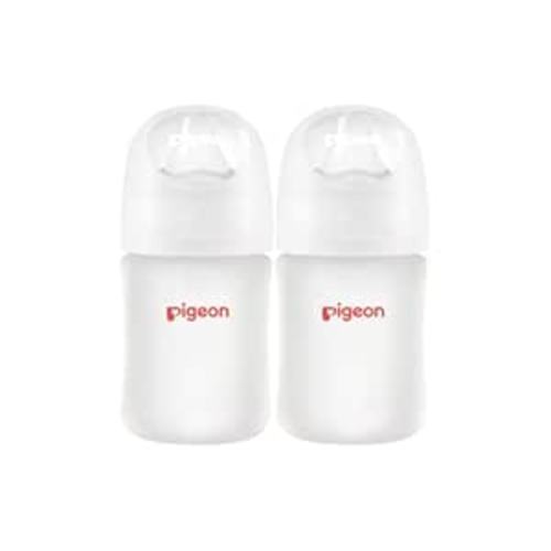 Pigeon Silicone Coating (Glass Inside/Silicone Outside) Baby Bottle, Wide Neck, Streamlined Body, Natural Feel, Easy to Clean, Heat-Resistant, 5 Oz (Pack of 2), Includes 2 pcs SS Nipples (0m+)