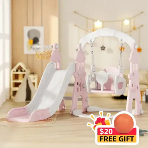 KORIMEFA 4-in-1 Kids Slide and Swing Set with Basketball Hoo - TikTok Shop