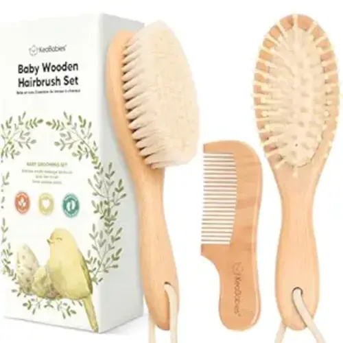 Baby Hair Brush Set for Newborns - Soft Goat Bristle Wooden Baby Brush and Comb Set Newborn Grooming Kit for Cradle Cap, Durable & Gentle, Boy, Girl Infant Essentials Care Kit (Oval, Walnut)