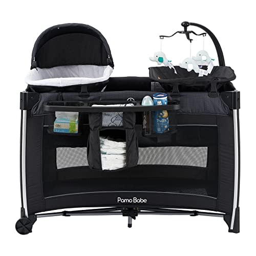Pamo Babe 4 in 1 Baby Playards with Bassinet & Changing Table, Portable Crib Breathable Mesh and Toy Mobile