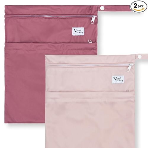 Nora's Nursery Wet Dry Bags with Two Zippered Pockets - Reusable and Washable for Swimming, Travel, Beach, Pool, Daycare, Cloth Diapers, Toiletries, and Wet Swimsuits - 11x15, Rose - 2-Pack