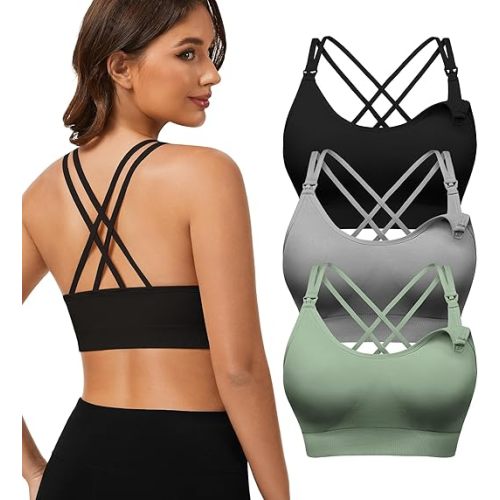 Angelhood Nursing Bras for Breastfeeding, Criss-Cross Back Nursing Sports Bra Support Yoga Maternity Bras Pack of 3, 1