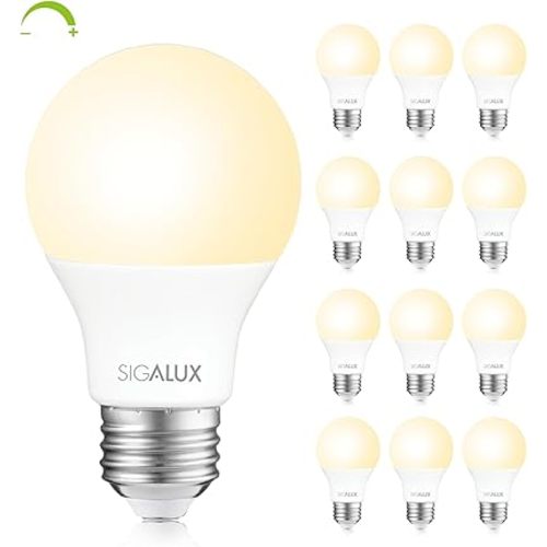 Sigalux EcoBright, T20 Compliant LED Light Bulbs 60 Watt Dimmable 2700K Warm Lightbulbs, Energy Efficient 8W Soft White A19 Standard Light Bulb E26,750 Lumens,10,000 Hour Lifetime,12 Packs