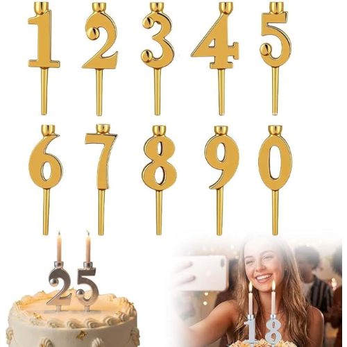 Reusable Number Birthday Candle Holder Set, 0-9 Number Candle Holder Set, Adjustable Candles Stand for Birthday Cakes, Gold Silver Cake Topper Digital Candles Holders for Party Celebration (1, Gold)