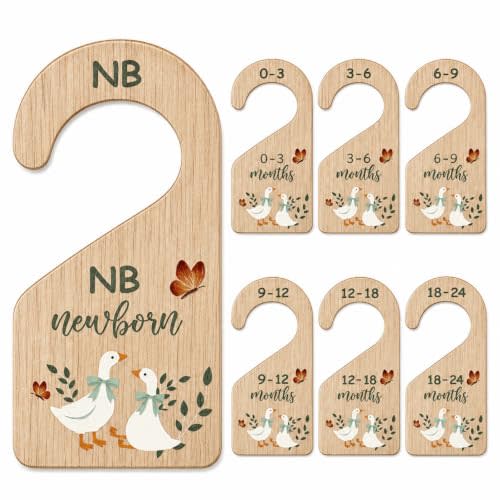 RattanView 7 Pcs Retro Goose Baby Closet Dividers for Clothes Organizer Double Sided Wooden Nursery Closet Dividers for Baby Boy Girl Newborn to 24 Months Home Nursery Supplies