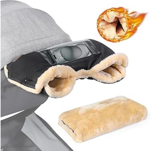 Orzbow Faux Sheepskin Gloves for Stroller with Phone Pockets, Winter Extra Thick Mittens for Baby Stroller, Cozy & Warm, Anti-freeze Hand Muff Easily Attaches to Stroller for Parents Caregivers, Black