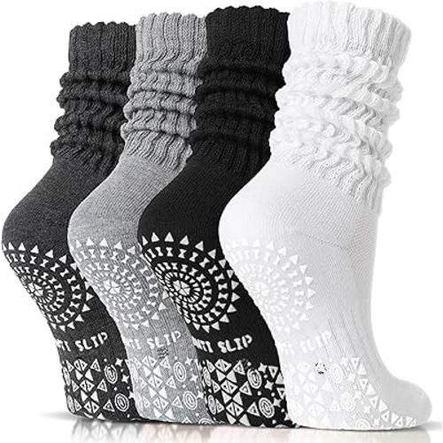Sandsuced Pilates Slouch Socks with Grips Non Slip Yoga Socks Winter Warm Cozy Scrunch Boot Crew Slipper 4 Pairs for Women