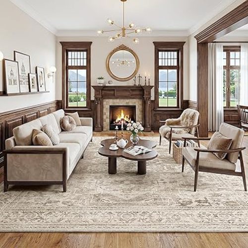 FMFUNCTEX 6x9 Washable Area Rug Brown Vintage Neutral Distressed Oriental Large Non Slip Carpet for Living Room Bedroom Soft Low Pile Indoor Mat Retro Throw Rug for Dining Room Kitchen Office Nursery