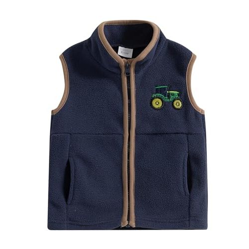 Toddler Boy Kids Fleece Winter Vest Warm Jacket Fall Outwear Vest Zip Up Tractor Embroidery Baby Infant Coat