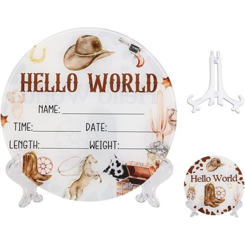 CORNER LACE Acrylic Baby Birth Announcement Sign with Stand, Western Cowboy Theme Double-Sided Newborn Name Board, Hello World Milestone Card for Welcome Baby Hospital Nursery Gift Photo Prop