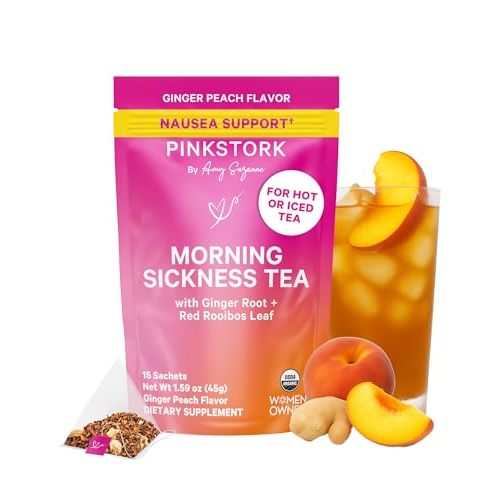Pink Stork Organic Morning Sickness Pregnancy Tea - Hot or Iced Tea - Prenatal Heartburn, Indigestion, and Constipation Support - 1st Trimester Pregnancy Must Haves - Ginger Peach, 15 Sachets